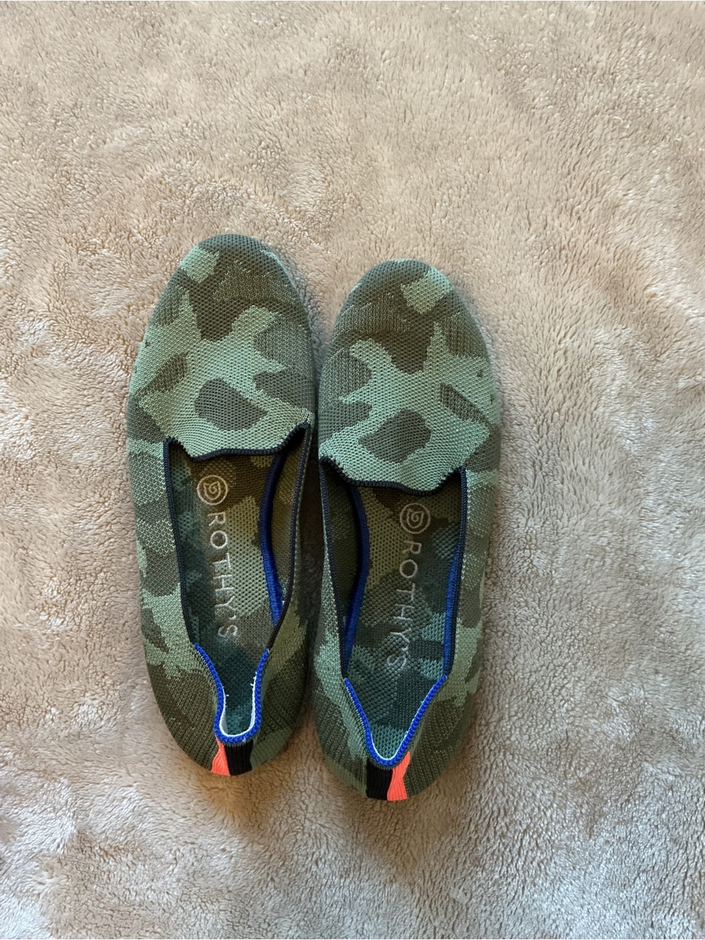 Rothy's Green Camo Slip-On Knit Flats with Blue Trim and Orange Heel Tab